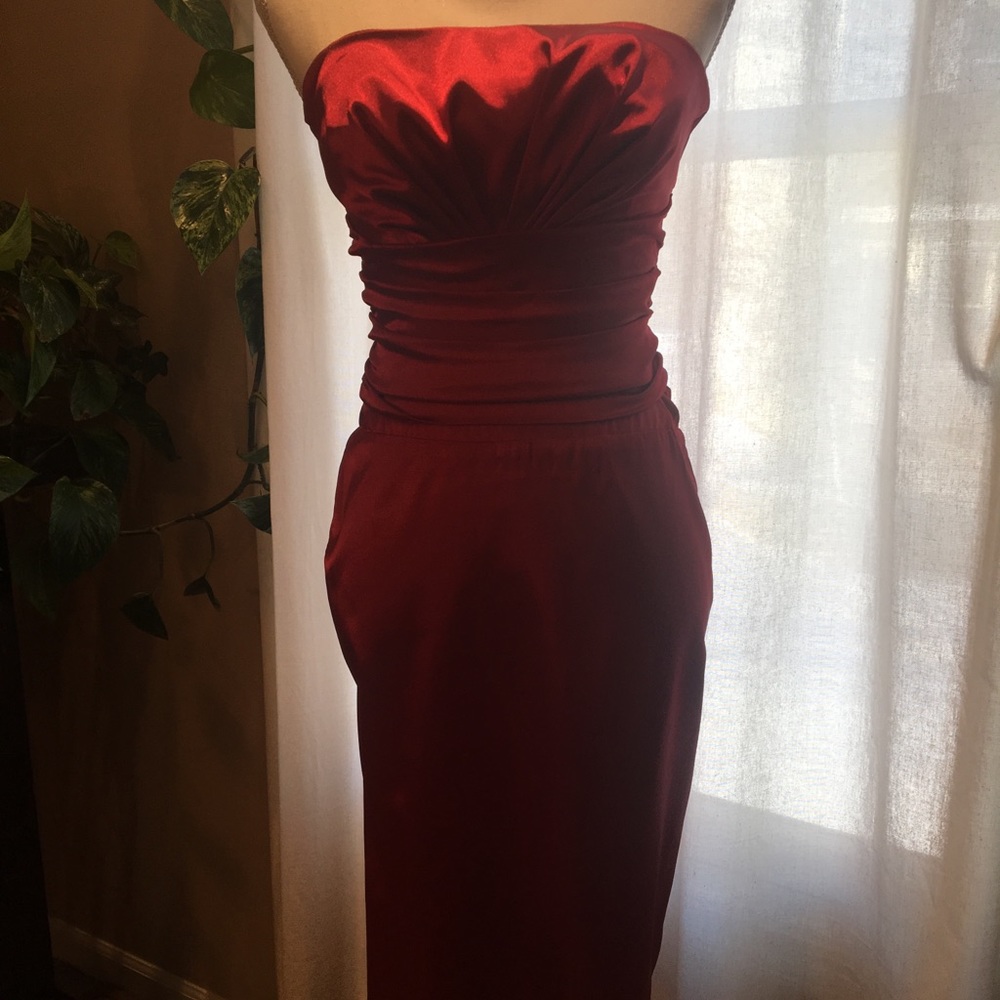 Sexy strapless red dress with shirring detail.
